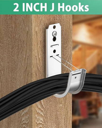 IRENPORU 100 Pack 2 Inch Cable Support J Hook Wall Mount J Hook with Retainer Clip, Galvanized Steel for Cable Management & Organization Solution