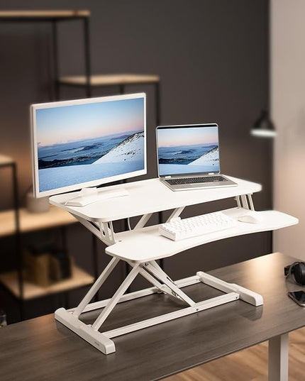 VIVO 32 inch Desk Converter, K Series, Height Adjustable Sit to Stand Riser, Dual Monitor and Laptop Workstation with Wide Keyboard Tray, White, DESK-V000KW