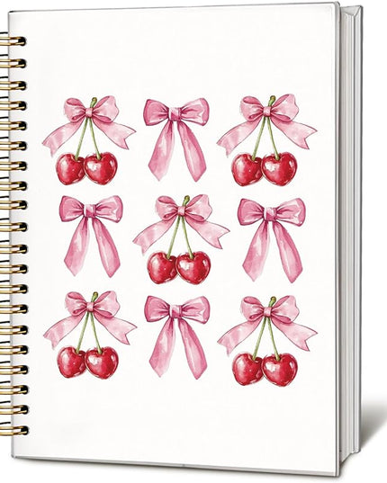 Coquette Bow Notebook Journal, cherry notebook,Preppy Aesthetic Journal, pink journal,Preppy Gifts for Women, pink school supplies, Hardcover Spiral Notebook 80 Sheets -160 Pages 5.5x8.3 Inch