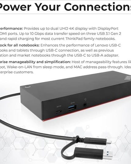 Lenovo 40AF0135US Thinkpad Docking Station Dual Monitor Hybrid USB-C with USB-A - 1 Year Warranty, with 135W Adapter + HDMI Cable + DisplayPort Cable + USB-C Cable + Microfiber Cloth (Renewed)