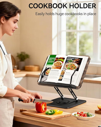 Tounee Book Stand, 360° Rotating Reading Book Holder, Adjustable Cookbook Holder for Reading Hands-Free, Foldable Desktop Recipe Book Stand with Protective Page Clips, Fits All Books - Black