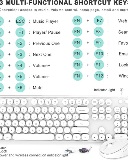 Wireless Keyboard and Mouse Combo, Ergonomic Full Size Typewriter Retro Round Keycaps Keyboard, Compatible with Windows, PC, Perfer for Home and Office Keyboards（White）