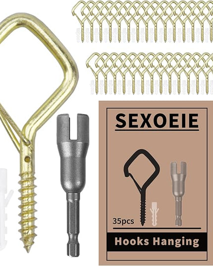 35PCS Eye Screw Hooks for Hanging Heavy Duty with Safety Buckle.Metal Ceiling Hooks for Hanging Plants,Cup,Wind Chime,Bird Feeders,String Lights at Indoor&Outdoor,2.36 Inches Gold