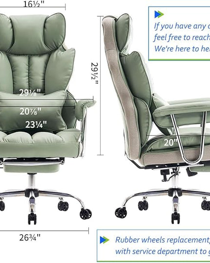Efomao Big and Tall Office Chair 400lbs - Executive Office Chairs with Footrest, Heavy-Duty PU Leather Computer Chair for Heavy People, Light Green Home Office Desk Chairs