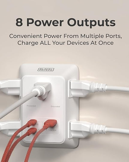 BLACK+DECKER PD USB Wall Charger Surge Protector, 5 Outlet Extender w/ 2 USB C PD & 1 USBA Charging Ports, Fast Charge 3 Sided Power Strip Multi Plug Outlets Wall Adapter for Home Office, ETL Listed