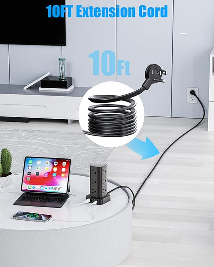 Tower Power Strip with 15W Wireless Charger, 10FT Flat Plug Extension Cord with Multiple Outlets, 12 AC Outlets, 4 USB Ports (2 USB C) Charging Station Surge Protector for Office Home Dorm Room(Black)