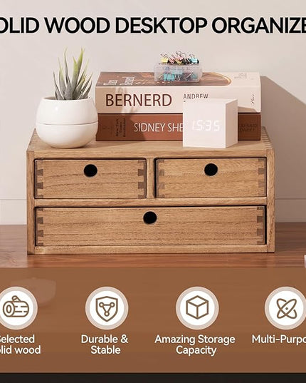 Kirigen Wooden Desktop Organizer - Office Supplies Filing Tidy Storage Shelf - Storage Cabinet/Jewelry Organizer with 3 Drawers(BR, 2-Layer &3 Drawers)