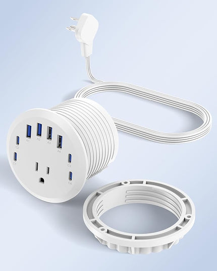 Jgstkcity 65W USB-C Hidden Desktop Power Grommet: 1 AC Outlet,8 USB Charging Ports,3'' Hole Flush Mount Pop-Up Power for Conference Tables & Nightstands (Whtie, 6 FT - 2PCS)