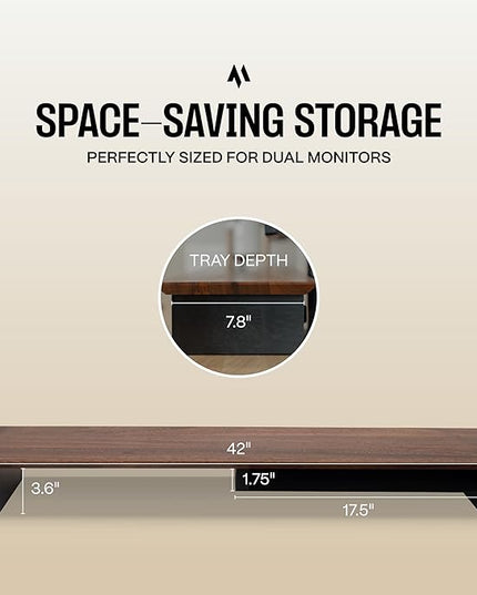 Solid Wood Dual Monitor Stand Riser – 43" Walnut Desk Shelf for 2 Monitors with Tray & Wool Felt, Organizer for Desktop, Laptop and Office (Solid Walnut)