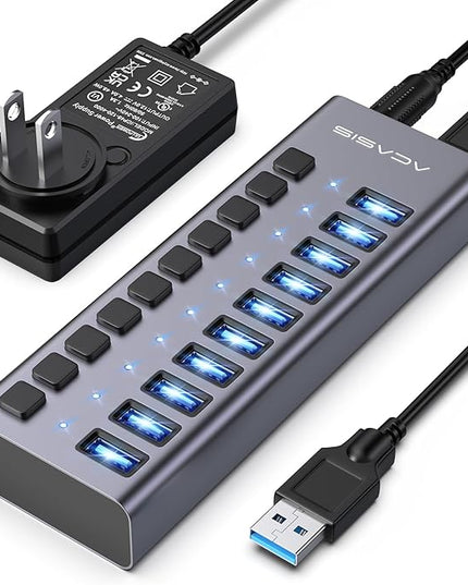 Powered USB 3.2 Hub, ACASIS 10 Ports USB 3.2 Hub with 10Gbps Data Speed, Aluminum Housing, USB Hub Powered with 48W Power Adapter, USB Hub for PC/Laptop, Computer, Flash Drive, Printer, Camera