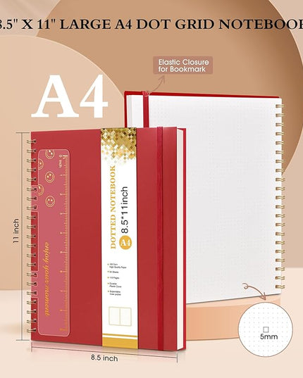 Dotted Notebook, Spiral Notebook Journal 8.5” x 11”, A4 Large Dot Grid Notebooks for Women Men, 100 GSM Dotted Paper, Plastic Hardcover Spiral Bullet Journals for Work School Sketching, Red