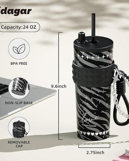 24 oz Stainless Steel Tumbler with Lid and Straw, Insulated Coffee Mug, Leak Proof, Portable Iced Travel Water Bottle, Reusable Thermal Coffee Cup Gift for Women, Black