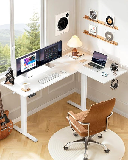 HUANUO 71 x 48 inch Dual Motor L Shaped Electric Standing Desk with 3 Preset Heights, Electric Height Adjustable Computer Table, 2 Hooks & Cable Tray, Raising Desk for Home Office, White