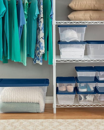Sterilite Stackable 6 Quart Clear Home Storage Box with Handles and Blue Lid for Efficient, Space Saving Household Storage and Organization (30 Pack)