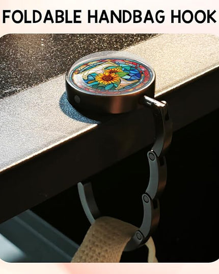 YAZMEEN Stained Glass Initial Foldable Purse Hook for Table, Stained Glass Letter T, Women's Handbag Hanger Holder, Portable Purse Table Hanger, Funny Desk Hook Gifts for Mom Wife Sister Friend BFF