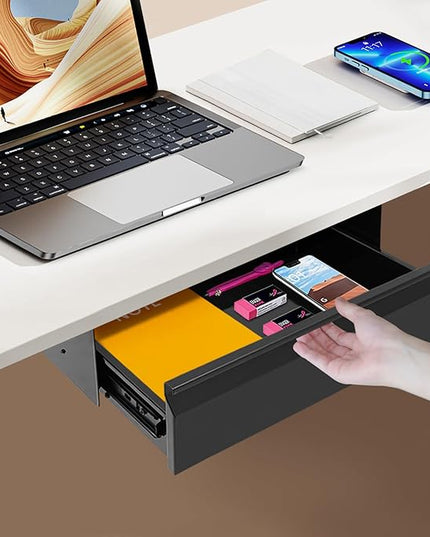 FFanhia 16 Inch Under Desk Mounted Sliding Pull-out Drawer Storage for Sit Stand Workstation Office(Applicable Table Thickness: 0.79in) Black