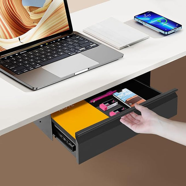 FFanhia 16 Inch Under Desk Mounted Sliding Pull-out Drawer Storage for Sit Stand Workstation Office(Applicable Table Thickness: 0.79in) Black