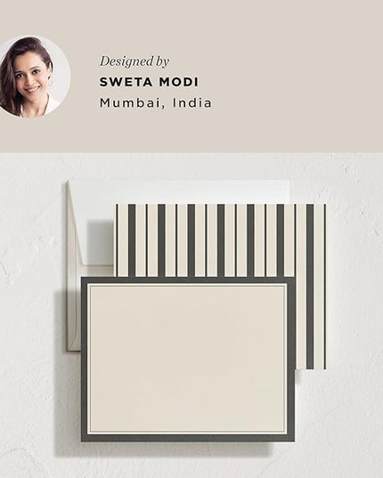 Minted Formal Initials Stationery Set, Set of 10, Flat Note Cards & Envelopes for Invitiations and Handwritten Thank You Messages, Black & Cream Stripes Design, Gifts for Women, Luxurious Paper