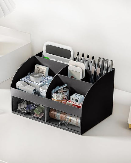 Desk Organizer with 6 Compartments and 2 Drawers, Plastic Makeup Organizer, Pen Holder for Desktop Storage, Desk Organization for School, Home, Office Supplies (Black)