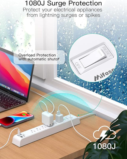 2 Pack Power Strip, 12FT Long Extension Cord, Surge Protector with 6 Outlets and 4 USB Ports (2 USB C), Flat Plug Overload Protection, Extension Cord 10+ ft, Wall Mount for Home Office Dorm College