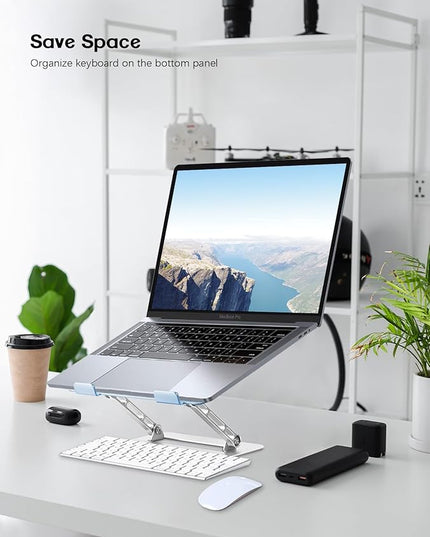 Adjustable Laptop Stand for Desk,Portable Laptop Stand Holder and Riser,Foldable Aluminum Notebook Computer Stands for MacBook Air Pro HP Lenovo Dell Samsung, 10-15.6 inch (Sky Blue-Silver)