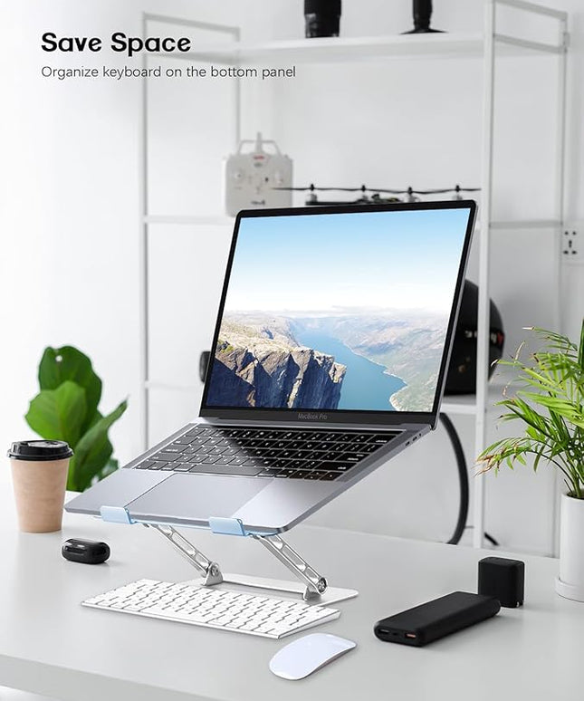 Adjustable Laptop Stand for Desk,Portable Laptop Stand Holder and Riser,Foldable Aluminum Notebook Computer Stands for MacBook Air Pro HP Lenovo Dell Samsung, 10-15.6 inch (Sky Blue-Silver)