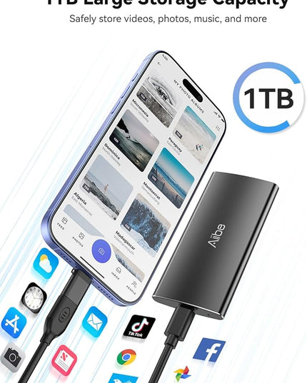 Aiibe 1TB External SSD USB C Portable SSD USB 3.2 Gen 2, Up to 1050MB/s, External Solid State Drive 1TB External Hard Drive for iPhone 17/16/15, Laptop (Black)