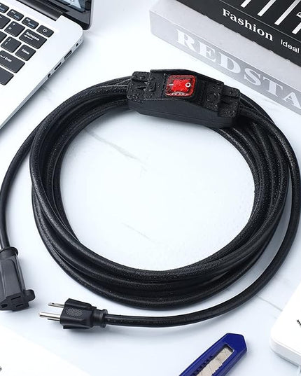 Weewooday 3 Prong Outdoor Extension Cord with Waterproof Switch 1875W Heavy Duty 14/3 SJT Cable Inline On/Off 15A 125V Grounded Outlets Plugs for Appliances (Black, 16.5 ft), (HU-XI-89)