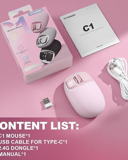 YUNZll C1 Silicone Wireless Mouse, Tri-Mode 2.4G/USB-C/Bluetooth Mouse, 4800 DPl Optical Tracking, 6 Adjustment Levels,Customize Mice for Laptop, Computer, iPad, MacBook (Pink)