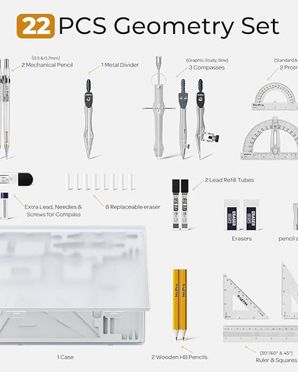 Nicpro 22 PCS Compass Geometry Tools with Case, Drafting Tools Geometry Set with Swing Arm Protractor, Rulers, Metal Compass, Square Set, Mechanical Pencil, Back to School Supplies for Students