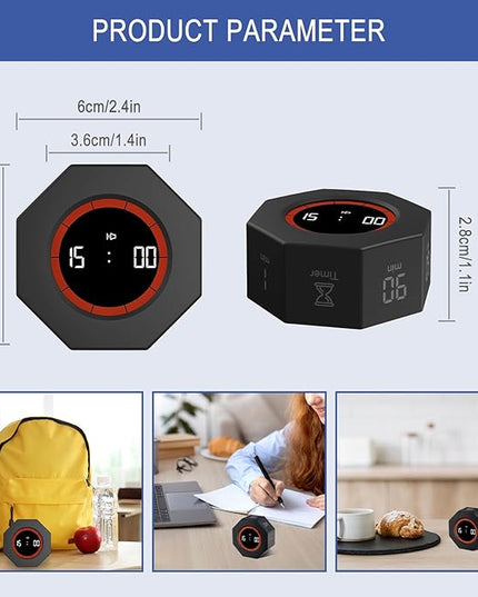 GuDoQi Digital Productivity Timer, Octagon Rotating Pomodoro Timers with Gravity-sensor, 1-3-5-15-30-60-90 Min Countdown, Portable Adjustable Sound Alert Multi Desk Timer or Study Task, Kitchen, Black