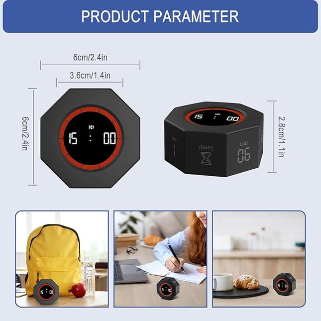 GuDoQi Digital Productivity Timer, Octagon Rotating Pomodoro Timers with Gravity-sensor, 1-3-5-15-30-60-90 Min Countdown, Portable Adjustable Sound Alert Multi Desk Timer or Study Task, Kitchen, Black