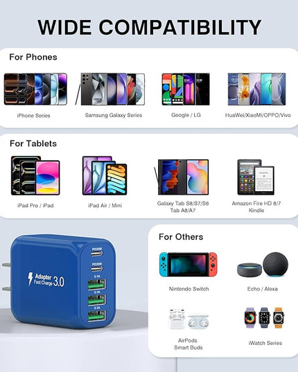 (2-Pack) 60W USB C Wall Charger Block, 5-Port C Charger Fast Charging Block PD Power Adapter +QC 3.0 Multiport Type C Box Brick Cube USB A Wall Plug for iPhone 15/16/17 Pro Max,Samsung (Dark Blue)