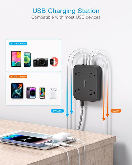 Black Flat Plug Extension Cord, HANYCONY 5ft Power Strip with 4 USB Ports(2 USB C), 4 Widely Outlets Extender, Wall Mount, Desk Charging Station for Office, School, Travel and Dorm Room Essentials