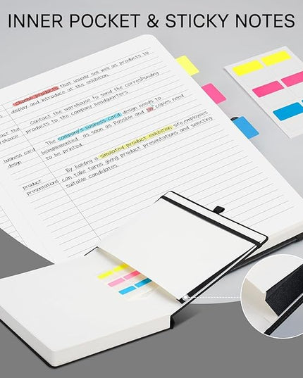 EMSHOI Meeting Notebook for Work with Sticky Tabs - 240 Pages, A4 Size Project Planner, PU Leather Meeting Agenda/Minutes Organizer for Women Men, Note Taking, Office & Business, 8.3"x11.7", Black