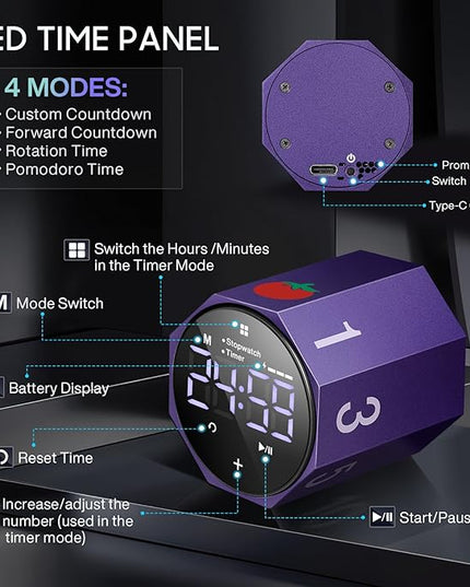 Digital Pomodoro Timer,Frosted Metal Productivity Cube Timer,1.8 in LED Digital Large Screen,Auto-Rotating Display,1/3/5/10/25/30/60min & Custom Time, Silent & Alarm,for Office, Study, Work(Purple)
