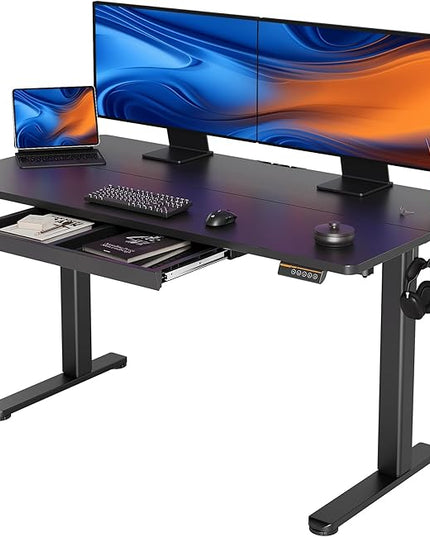YDN Standing Desk with Drawers, 55 x 24 Inch Adjustable Height Stand Up Desk, Sit Stand Computer Desk for Home Office, Black
