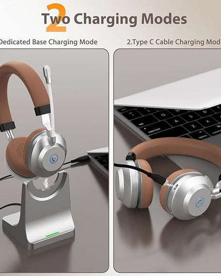 Wireless Headset with Mic for Work, Bluetooth Headset with Noise Cancelling Mic for Clear Calls, Bluetooth V5.3 Headphones with Mic Mute & USB Dongle, Charging Base for PC/Laptop/Phones/Call Center