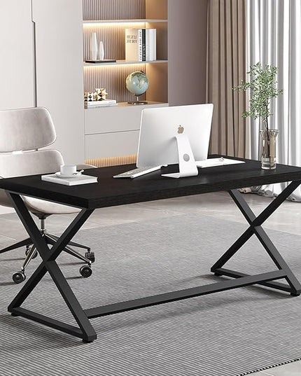 IBF Black Desk, Modern Computer Desk for Home Office, Industrial Simple Pc Gaming Writing Study Desk in Bedroom, Wood Metal Laptop Workstation Executive Work Computer Table, Black Oak, 55 Inch