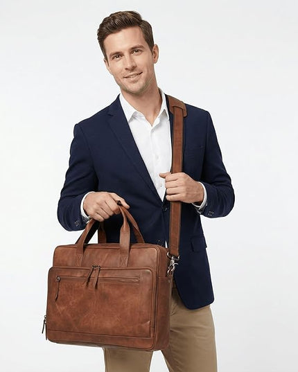 17-inch Genuine Leather Laptop Briefcase for Men and Women – Brown Leather Messenger Bag for Professional Work, Office, College & Travel Computer Laptop Bag