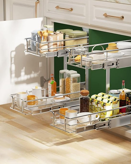 LOVMOR 2 Tier Individual Pull Out Cabinet Organizer 9" W x 21½" D, Slide Out Kitchen Cabinet Storage Sliding Shelves