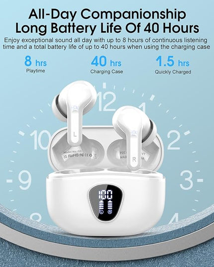 Wireless Earbuds, Bluetooth 5.4 Headphones HiFi Stereo, Bluetooth Earbuds with ENC Noise Cancelling Mic, IP7 Waterproof in Ear Earphones, 48H, LED Display Ear buds for Pad Workout Sports, White Purple