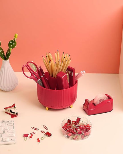 SKYDUE Red Office Supplies Set, Pencil Holder for Desk, Stapler, Tape Dispenser, Scissors,Clips and 1000pcs Staples, Office Decor for Women, Red Desk Accessories