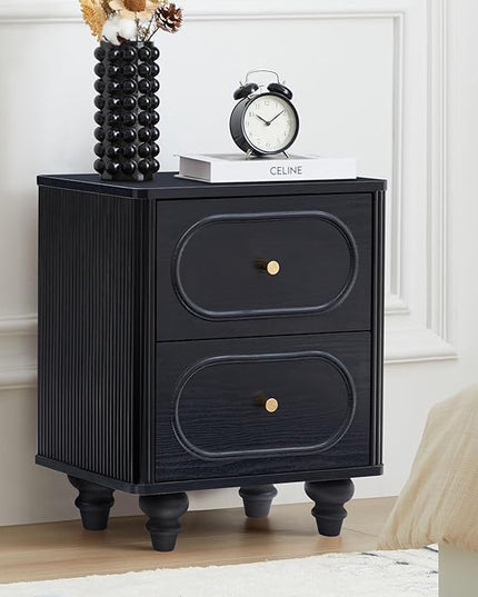2 Drawer Fluted Mini Small Dresser for Bedroom Set of 2, Mid Century Modern Nightstand Bedside End Table, Wood Storage Dresser Organizer for Bedroom Living Room, Black