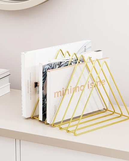 Urban Deco Triangle Desk Organizers Metal Wire Magazine Holder 7 Sections Decorative File Folder Organizer Vinyl Record Storage Office For Desk - Gold Magazine File Holder - Pack of 2