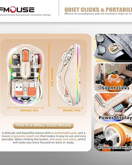 Beautiful Transparent Wireless Mouse, Dual Bluetooth & 2.4GHz for Multi Device, USB-C Receiver Ideal for MacBook/Laptops, Rechargeable, Cool LED, Quiet Clicks, for Girls and Female - Cream