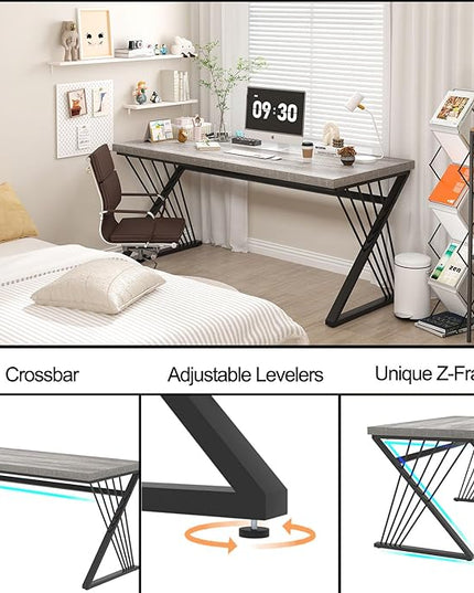 FOLUBAN Modern Desk, Rustic Wood and Metal Computer Desks for Home Office, Simple Study Writing Work Table for Bedroom Living Room, Light Grey, 60 Inch