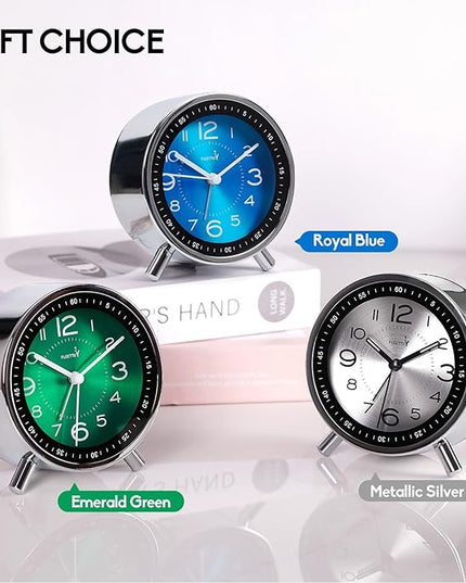 FLOITTUY Super Silent Metal Alarm Clock,Beep Wake Round Alarm Clock with Strip Night Light,Battery Operated,Easy Set,Simple & Retro for Desk, Bedroom and Home Decoration(Emerald Green)