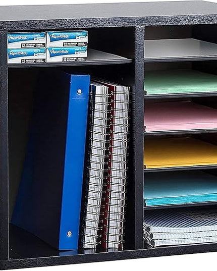 AdirOffice Wooden Adjustable Literature Organizer, 12 Compartment Office Mailbox, or Classroom Literature Organizer, Black