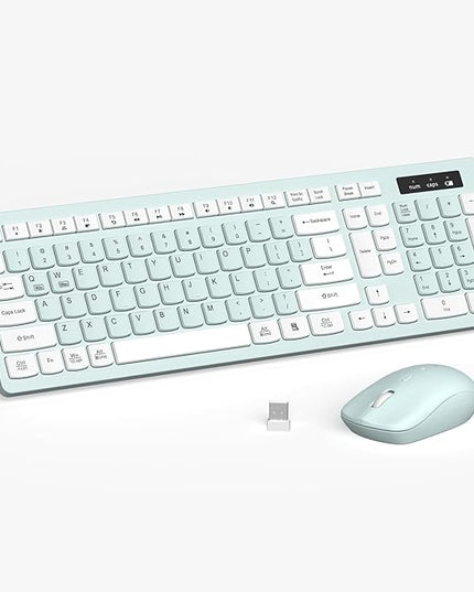 Wireless Keyboard and Mouse Combo, Full-Sized Wireless Keyboard and Adjustable DPI Mouse, 2.4GHz USB Receiver, Keyboard and Mouse for PC, Windows, Desktop, Laptop (Mint Green and White)